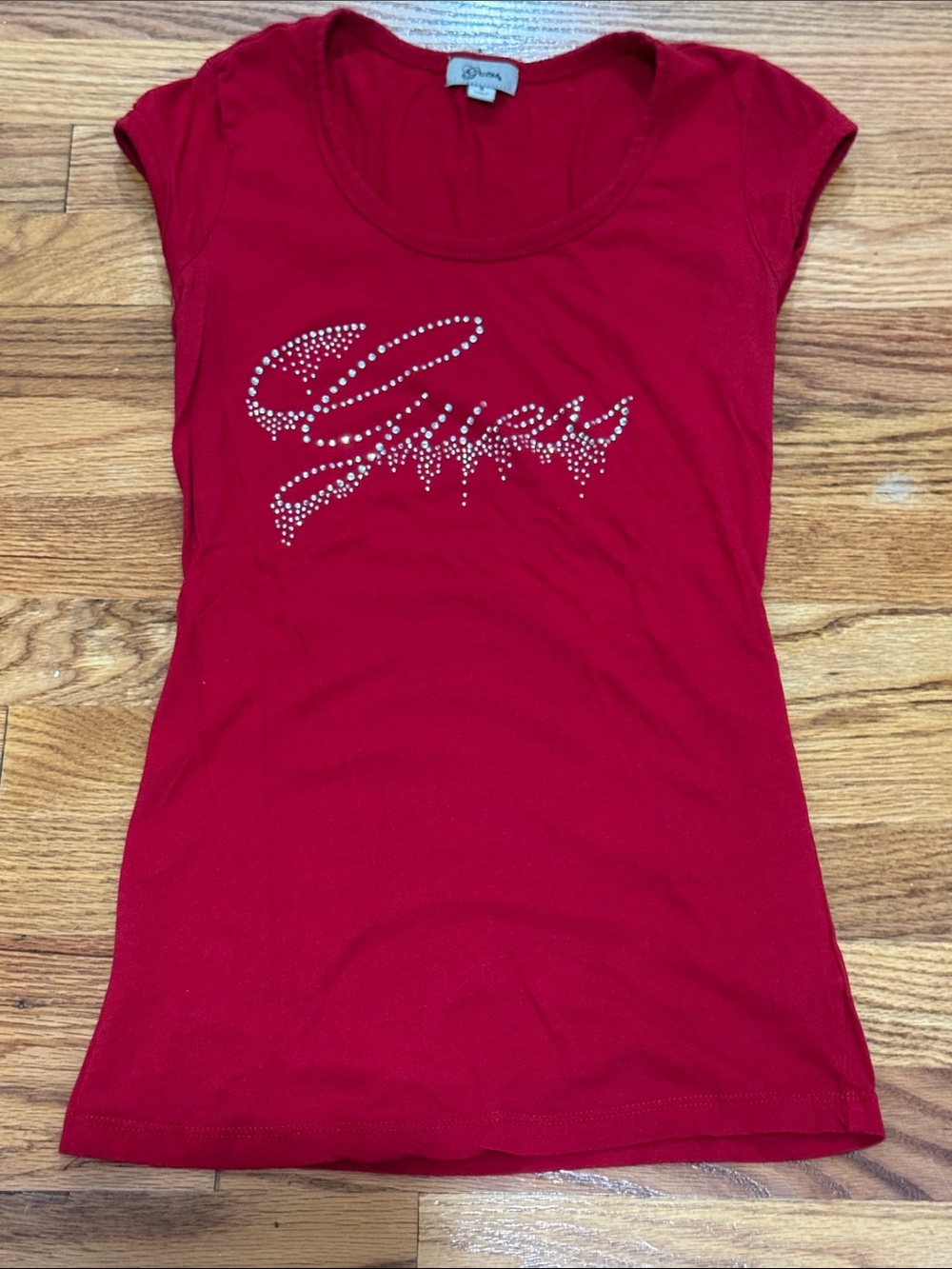 Guess Red Rhinestone Script Scoop Neck Tee